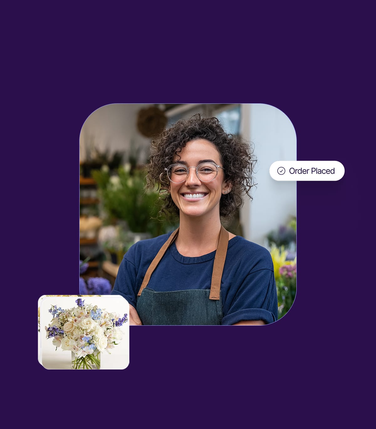 portrait of female florist smiling in shop facing camera with ui elements.