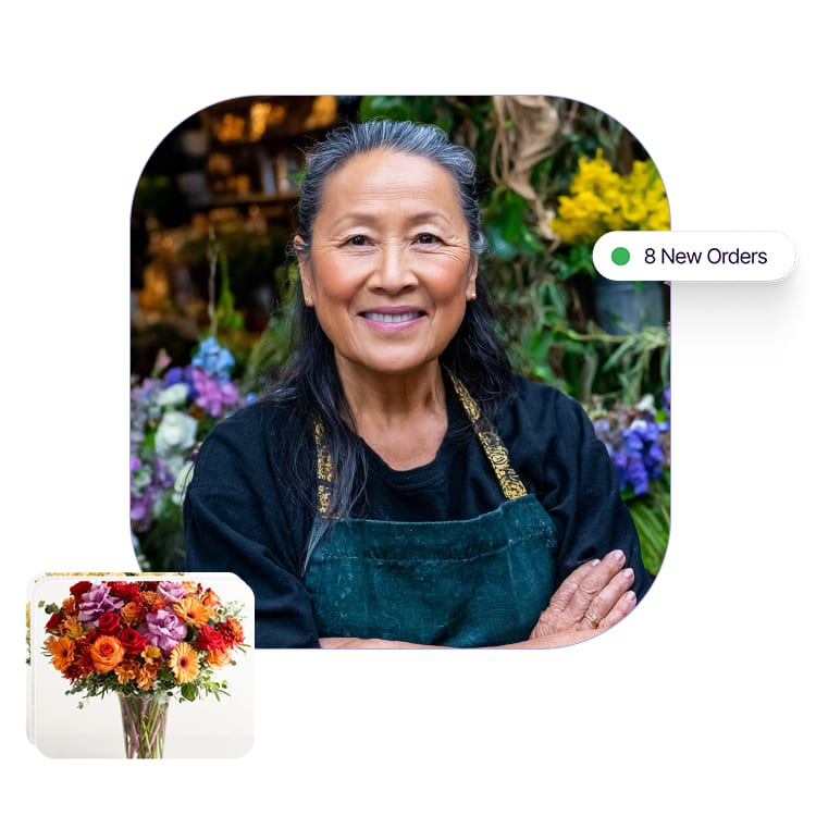 portrait of female florist smiling in shop facing camera with ui elements.