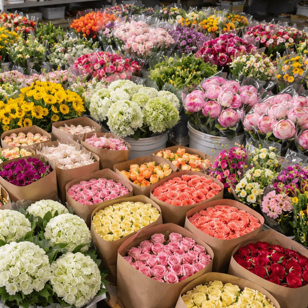 Bulk shipment of fresh cut flowers arranged in buckets and kraft paper bundles at a florist wholesaler, including roses, hydrangeas, tulips, daisies, and peonies in various colors.